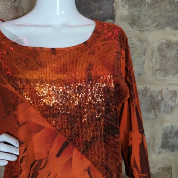 Cato Top Orange Sequins 3/4 Sleeve Mixed Pattern Woman's Size Large Sparkle - Picture 5 of 14
